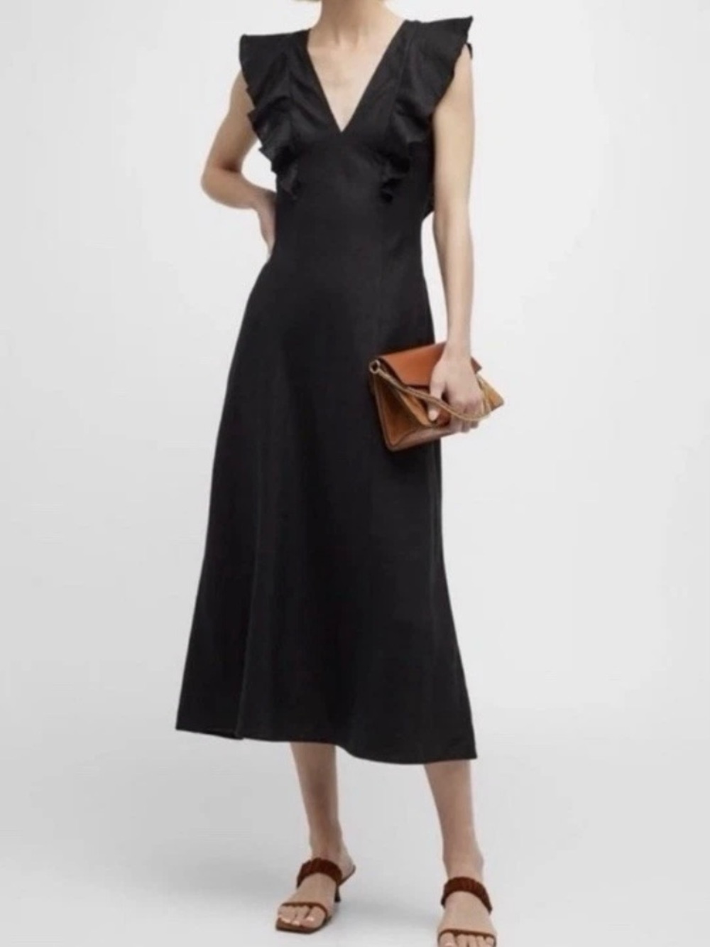 Rails 100% Linen Black Constance Midi Dress Ruffle Sleeve V Neck New Small